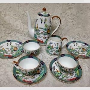 (SOLD) Vintage, Rare, Coalport England, Polychrome, Color Blue Willow, 11pc TSet